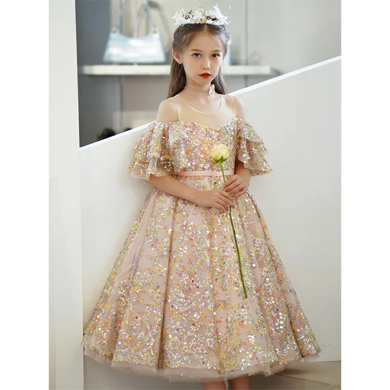 High Quality Baby Frock Designs Boutique Sequined Flare Sleeve Flower Girl\'s Gown Western Style For Kids Evening Party Dress