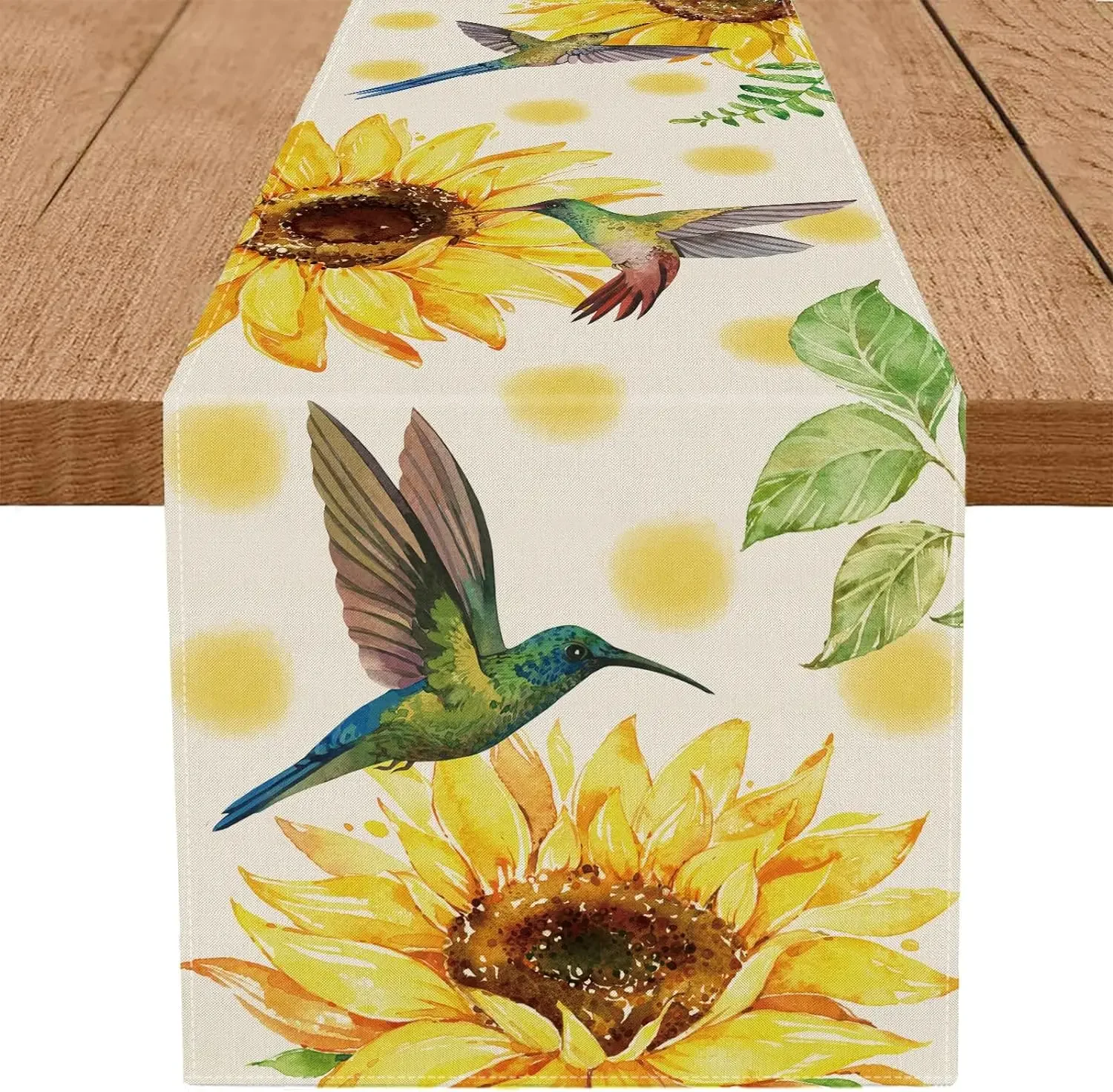 

Summer Sunflower Bird Linen Table Runner Seasonal Farmhouse Holiday Wedding Party Decor Reusable Home Kitchen Dining Table Decor