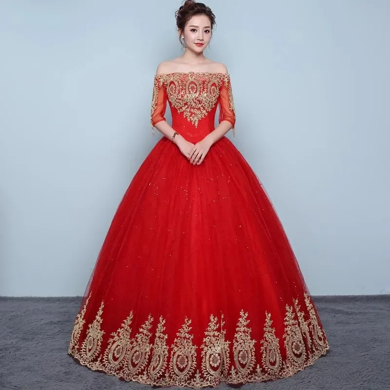 

Cheap Red Tulle Wedding Dresses Off the Shoulder Half Sleeves Golden Appliques Princess Floor-length Plus size Ball Gowns XN103