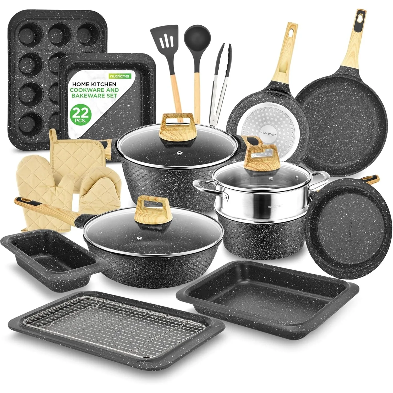 

NutriChef 22-Piece Black Marble Non-Stick Cookware Bakeware Set Professional Home Kitchen Collection with Multi-Sized Pots Pans