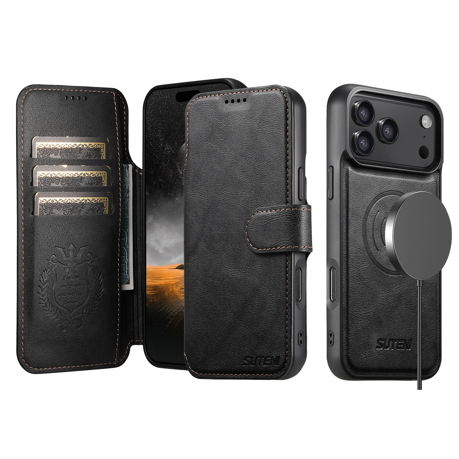 SUTENI Kunstleder Kabelloses Ladegerät Kartenhalter Ständer Brieftasche Magnetische Klapphülle Handyhülle für iPhone 18 Pro Max 17 16 15 14 – Detail 5