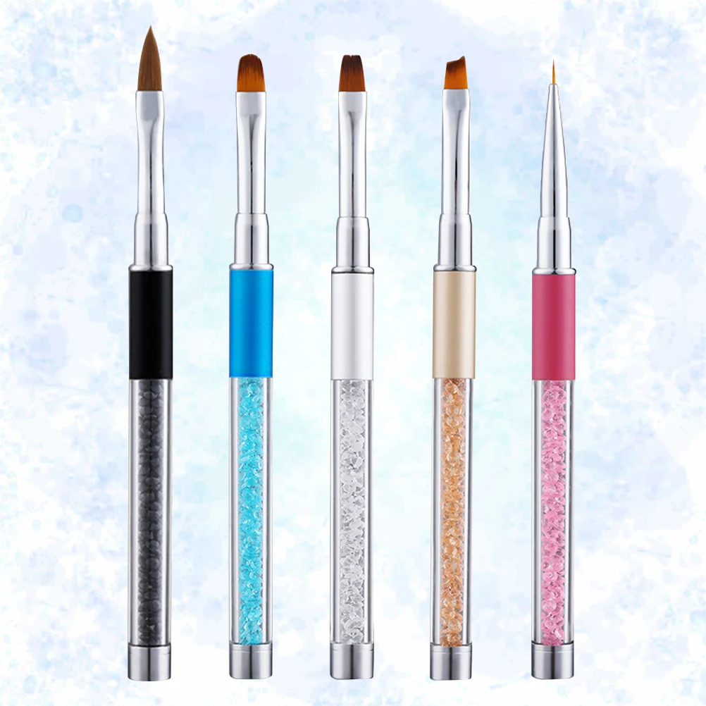 Ensemble de pinceaux pour Nail Art en acrylique, 5 pièces, poignée en strass, léger, Long manche, outils de manucure professionnels pour Salon de maison