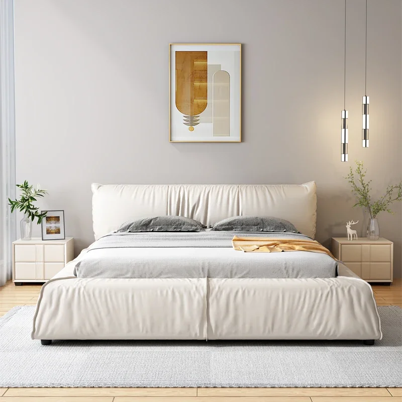 Italian High-end White Master Bedroom Style, Top Layer Leather Soft Bed, Modern Size Layout, Storage, Double Wedding Bed