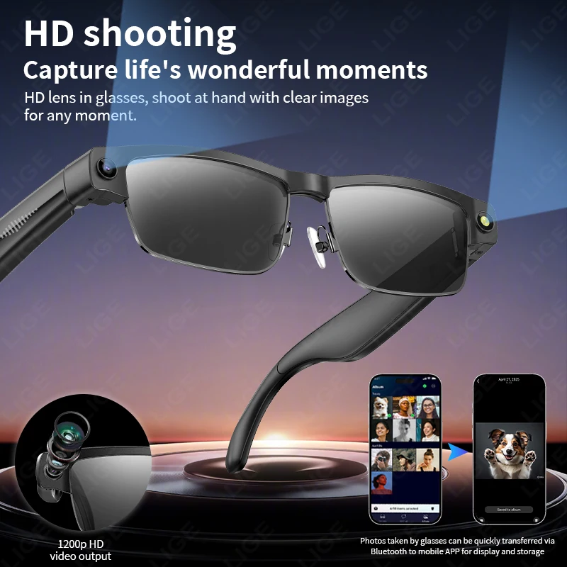 LIGE 8 Million Pixels Camera Smart Sunglasses Recording Videos 270mAh AI Photo Recognition Chat Translation Bluetooth Glasses