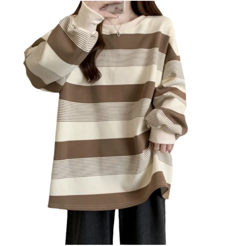 Women's Long Sleeve T-shirt Retro Oversized Striped Sweatshirt Spring Autumn Thin Loose BF Lazy Style Niche Long Sleeve Top
