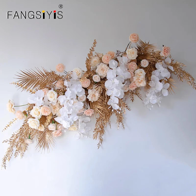 

Customized luxurious Artificial Flower Row Arrangement Set Golden Leaf Wedding Arch Backdrop Wall Decor Hanging Corner Floral