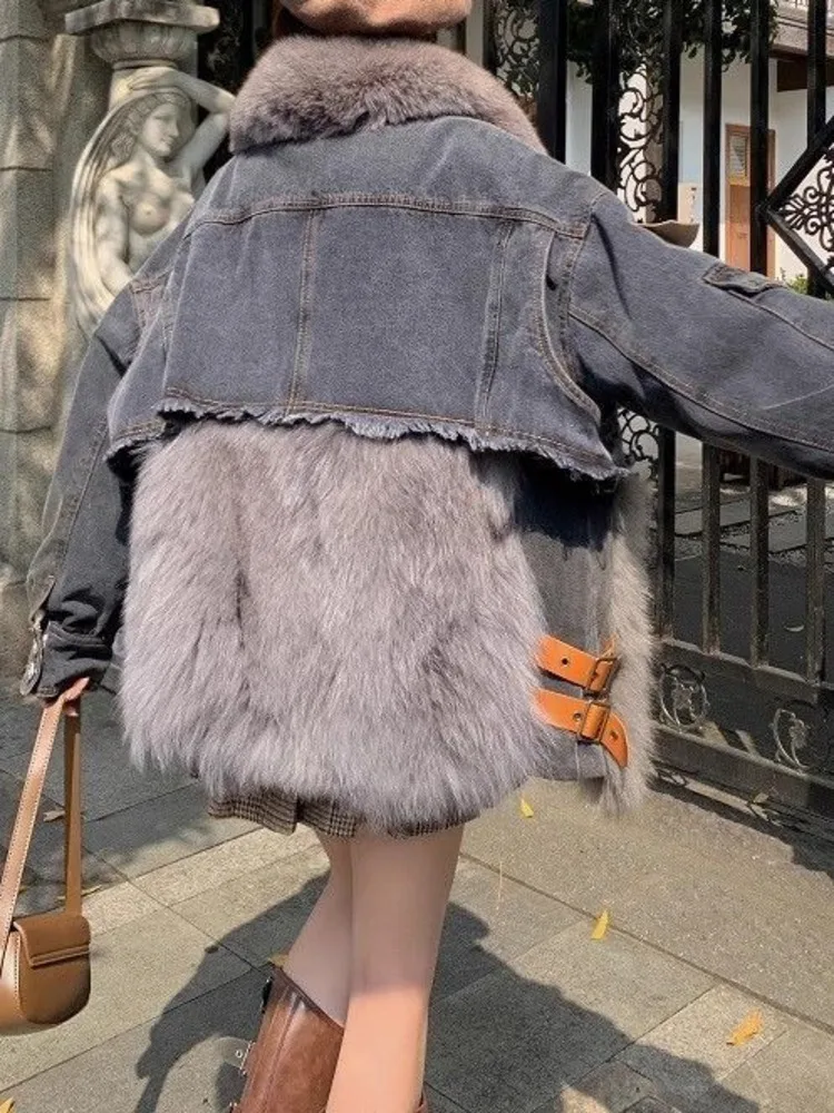 UCXQ Fashion Street Coat Korean Style Loose All Match Thickening Warm Faux Fur Splicing Denim Jacket Women 2024 Autumn Winter 16