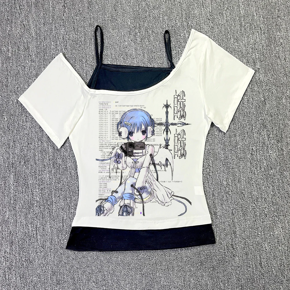 アニメパターン印刷セクシーなクロップトップ女性のベスト夏ゴス女性ベスト Y2k 2000s ベビートップ服エモコケットレジャー Tシャツ