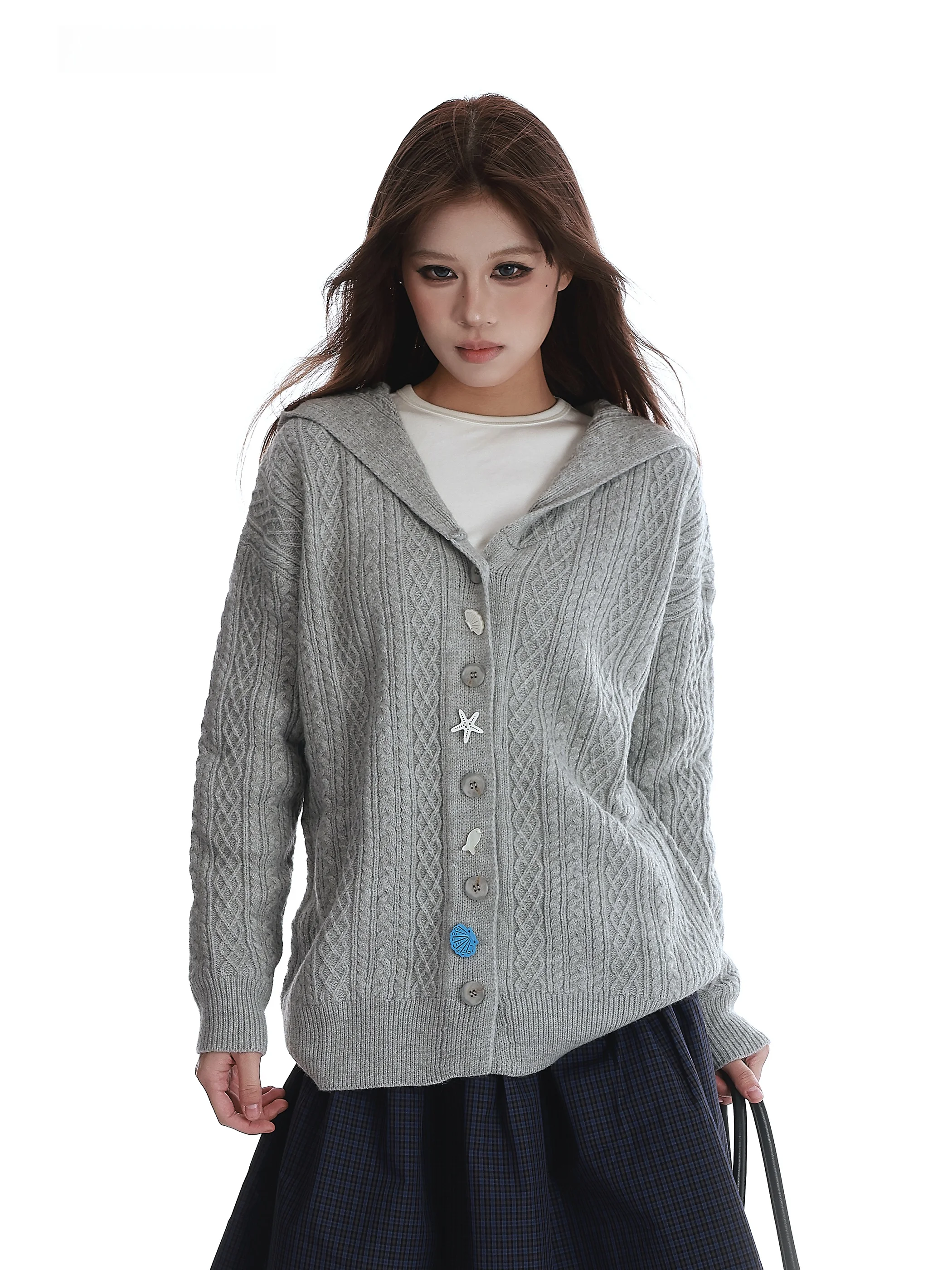 

Женский вязаный кардиган VINMUK American Lazy Star с капюшоном, осенне-зимний, свободного кроя, с открытыми пуговицами