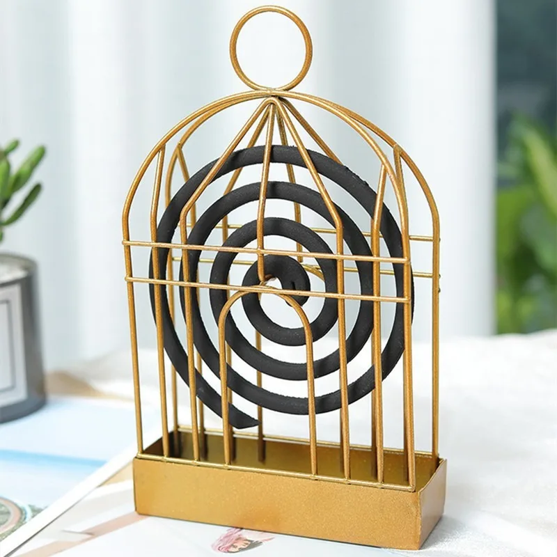 

Wrought Iron Mosquito Coil Box Creative Bird Cage Frame Household Hanging Plate Incense Burner Gold Metal Mosquito Coil Box