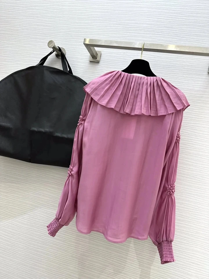 2024 new women's fashion long-sleeved sexy casual ruffle edge large lapel silk cotton shirt