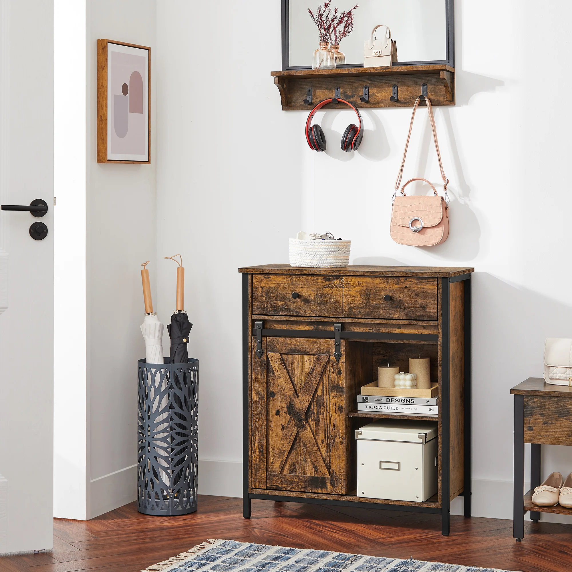 VASAGLE Industrial Storage Cabinet, Sideboard & TV Cabinet, 1 Drawer, Sliding Barn Door, Rustic Brown/Black