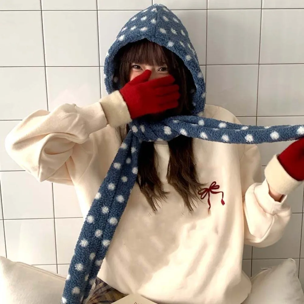 Integrated Design Hooded Scarf Hat Soft Fluffy Thermal Fabric Polka Dot Beanie Pull On Windproof Fleece Hooded Scarf Cute Girls