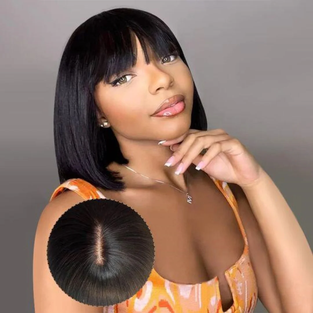 Straight Bob Human Hair Wigs With Bangs Middle Part Realistic Scalp 2X1 Straight Bob Wigs Brazilian Hair Machine Made for Women