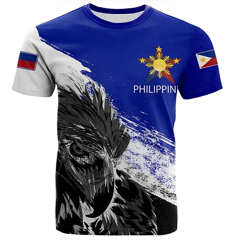 Camiseta de manga corta con estampado 3D de la bandera de Filipinas para hombre, ropa deportiva de gran tamaño con cuello redondo y emblema nacional de filigrana