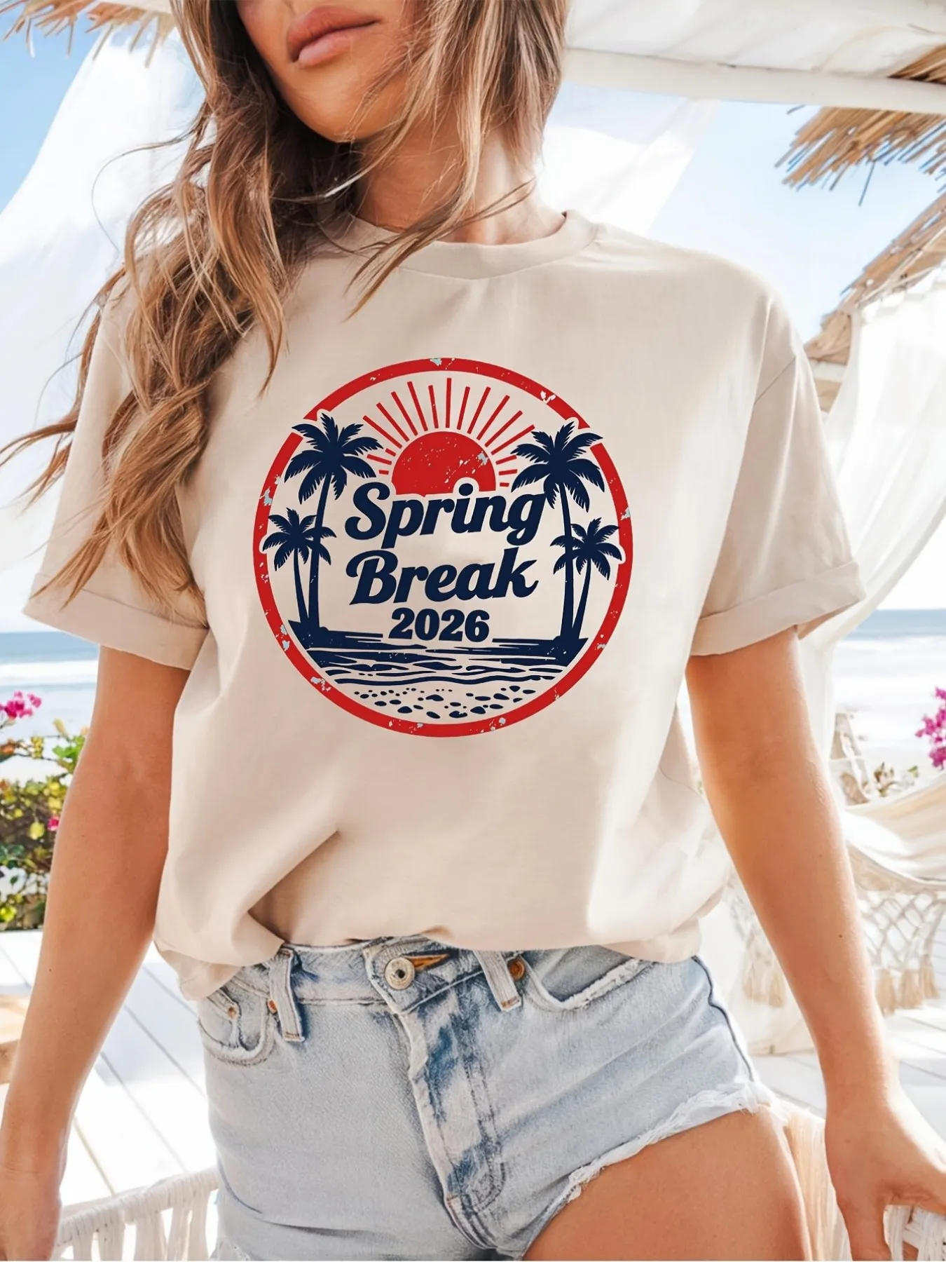 

Plus size women's short sleeve T-shirt Spring Break 2026 Palm Trees Sun Beach comfortable soft fabric summer outfit women's