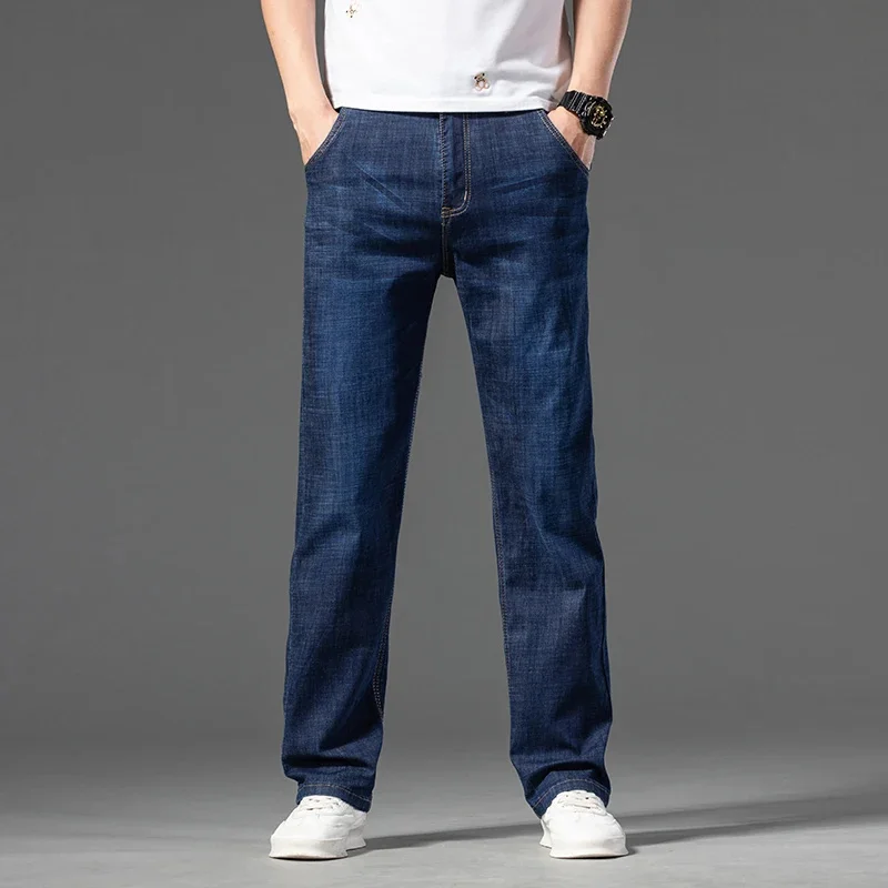 Pantalon en denim droit antivol pour homme, jean léger, design de poche à fermeture éclair, style classique, décontracté, marque masculine, été, nouveau, 2024