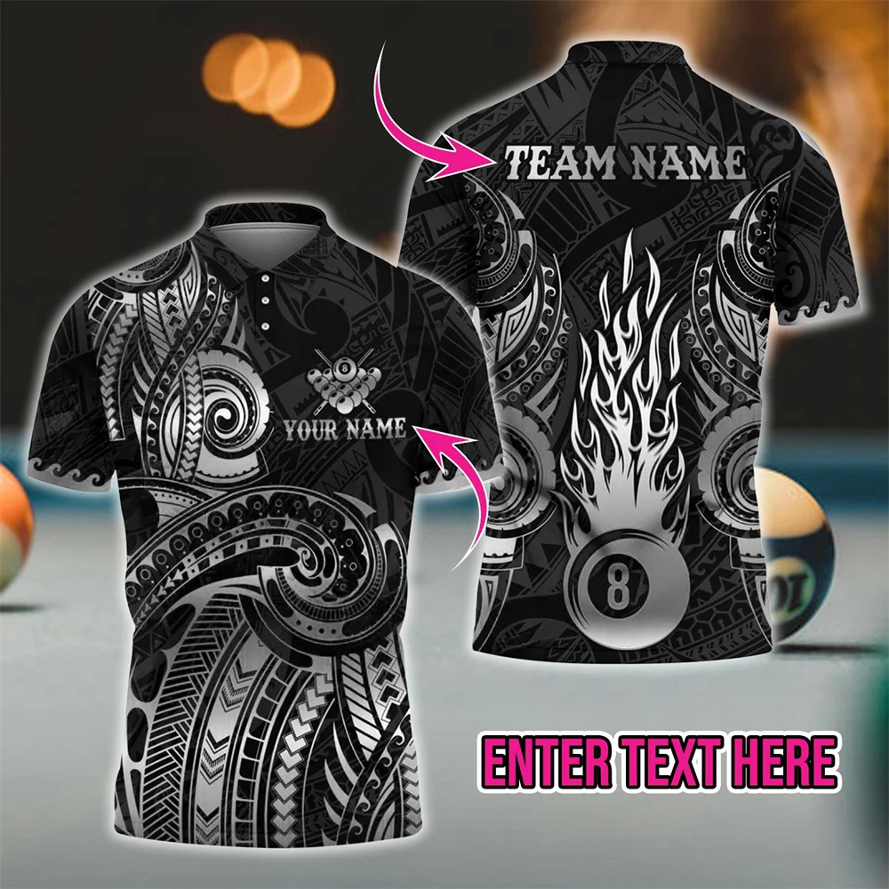 Custom Men's Polo Shirt Short Sleeve Tribal Polynesian Flame 8-Ball Billiards Team Uniform Personalized Name Summer Casual Tops