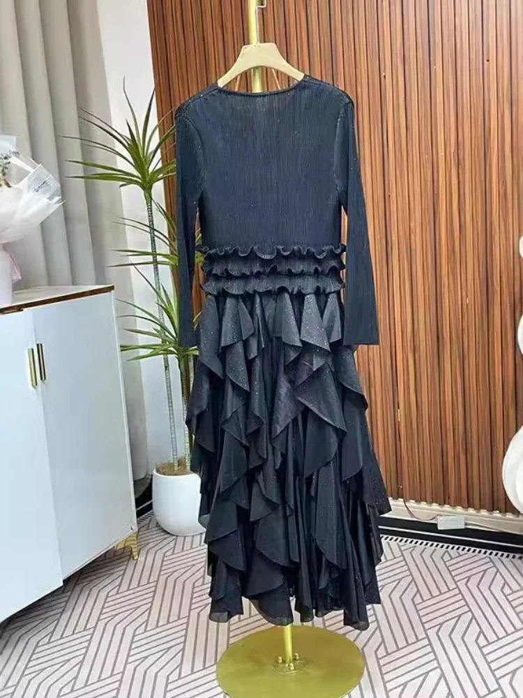 Miyake Pleated Women Irregular Ruffle Maxi Dress 2024 New Mid Long Sleeve Loose V Neck Casual Party Dresses