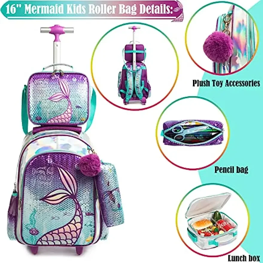 Imagem -04 - Bikab Sereia Rolando Mochila para Gilrs Mochilas com Rodas para o Ensino Fundamental Bolsa Trolley Viagens Bagagem com Lancheira