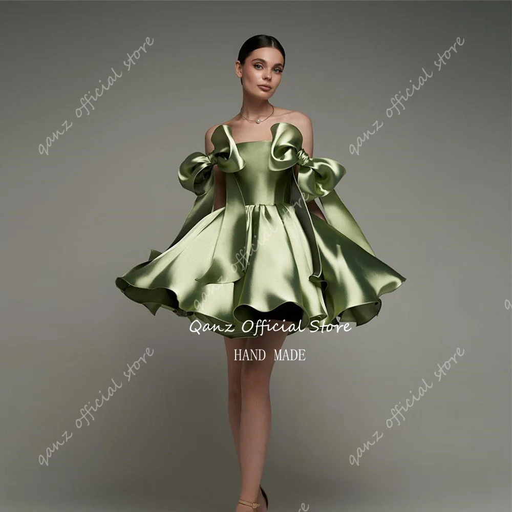 Qanz Short Vestidos De Graduaciones Mujer Juvenil Bow Straps Green Satin Mini Cocktail Dresses Customized Homecoming Dress