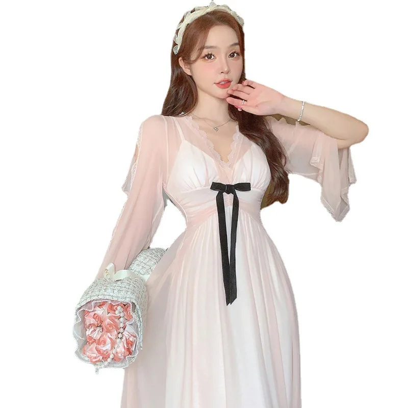 Women Nightgowns Satin Silk Spaghetti Strap Sleepwear Lace Nightwear Bow Sweet Dress Sexy Lingerie Mesh Homedress Nightdress