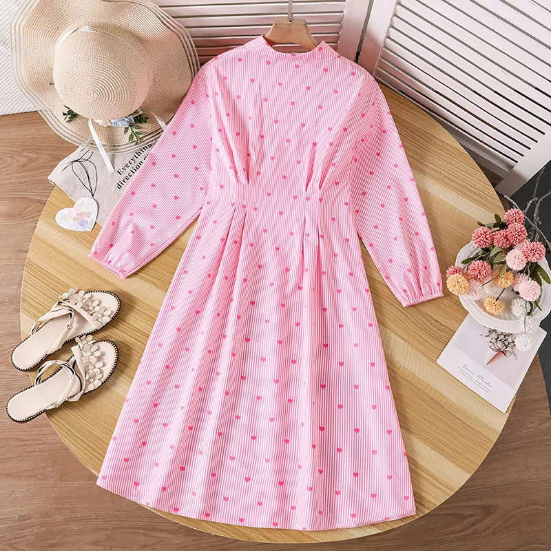 Girls Pink Stripe Heart Print Dress for 8-12 Years Old, Lapel Long Sleeve Midi Dress Spring Autumn Casual Pleated Waist Dress