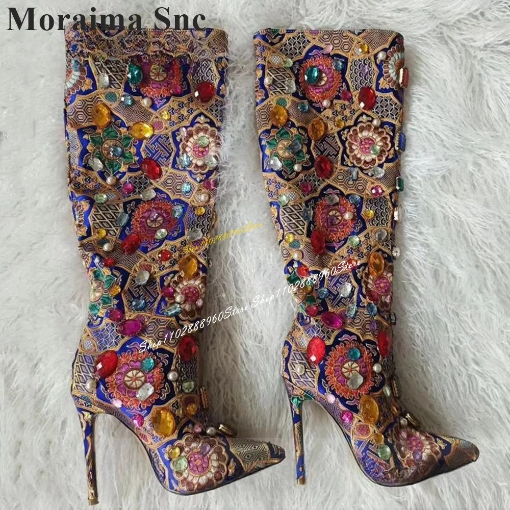 Stylish Knee High Mixed Crystal Embroider Boots Thin High Heel Women Shoes Slip On Pointed Toe 2024 Fashion Zapatos Para Mujere