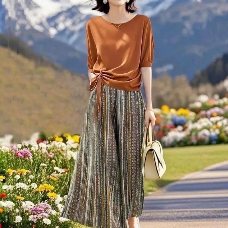 Summer Pant Sets Fashion 2PCS Outfits Women Short Sleeve t-shirt  Trousers Suits Bohemian style Sets