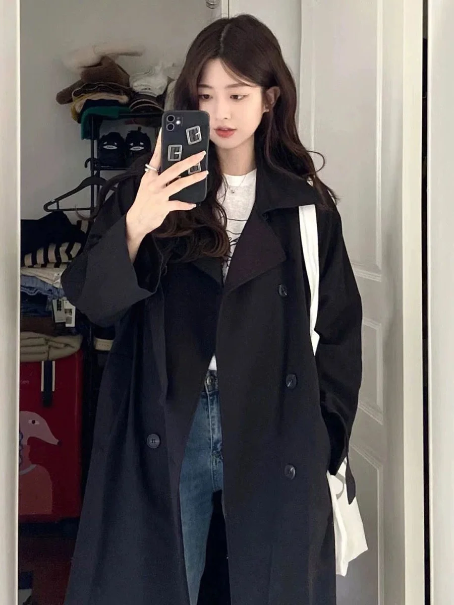 

plus Size Women's Black Coat 300 Pounds Spring Korean Style Mid-Length British Style High-End Feeling Windbreaker Long Sleeve