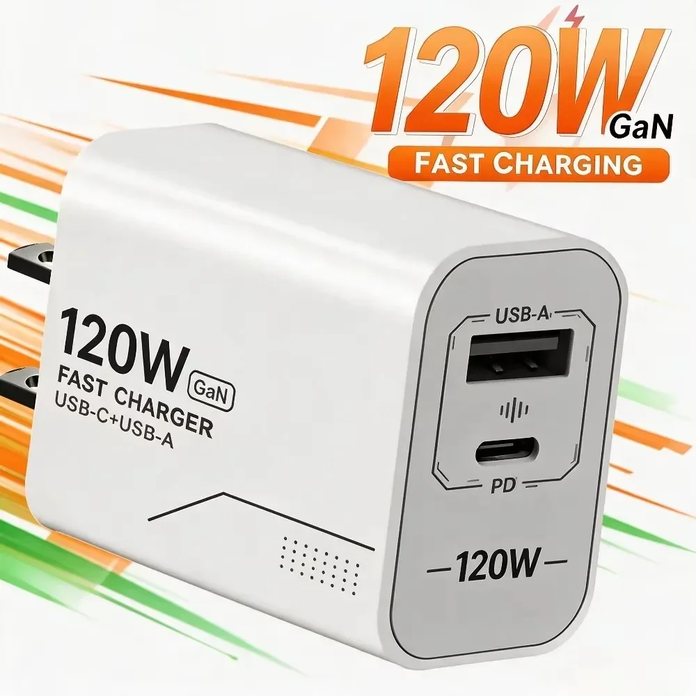 120W Fast Charging Charger 2-Port Wall Adapter US/EU Plug Phone GaN Charger Type C Charging Cable For iPhone Samsung Xiaomi