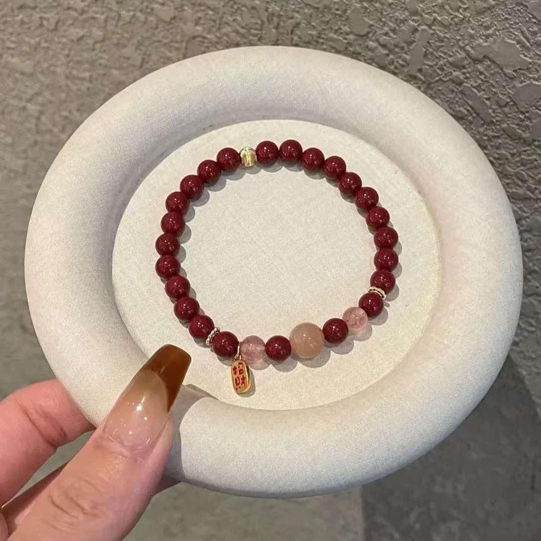 Simple Design Bracelet Unique Style Cinnabar Strawberry Crystal Sunstone Red Birth Year Gift Single Piece