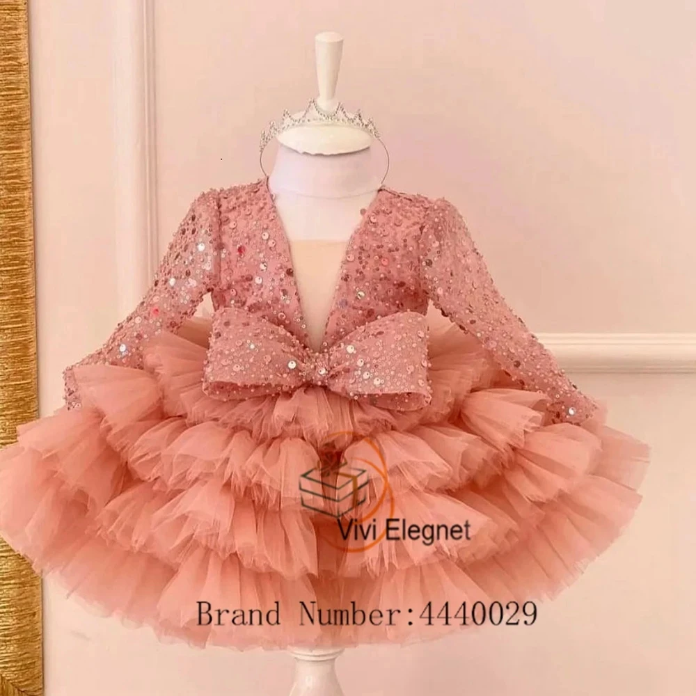 

Orange V Neck Flower Girls Dresses with Sequined 2024 Summer New Full Sleeve Knee Length Christmas Gowns فلور فتاة اللباس 2025