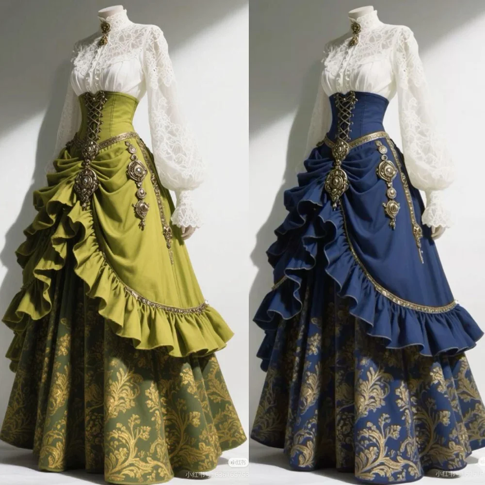 2-teiliges Set Vintage Renaissance Gotisches Hochgeschnittenes Korsett mit Schnürung, Gerafftes Französisches Viktorianisches Steampunk-Kleid, Langer Rock, Abendkleid