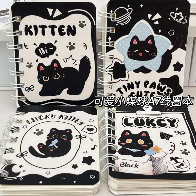 Kawai Black Kitten A7 Coil Notebook Student Portable Notepad Cartoon Cute Creative Simple Horizontal Line Office School Supplies