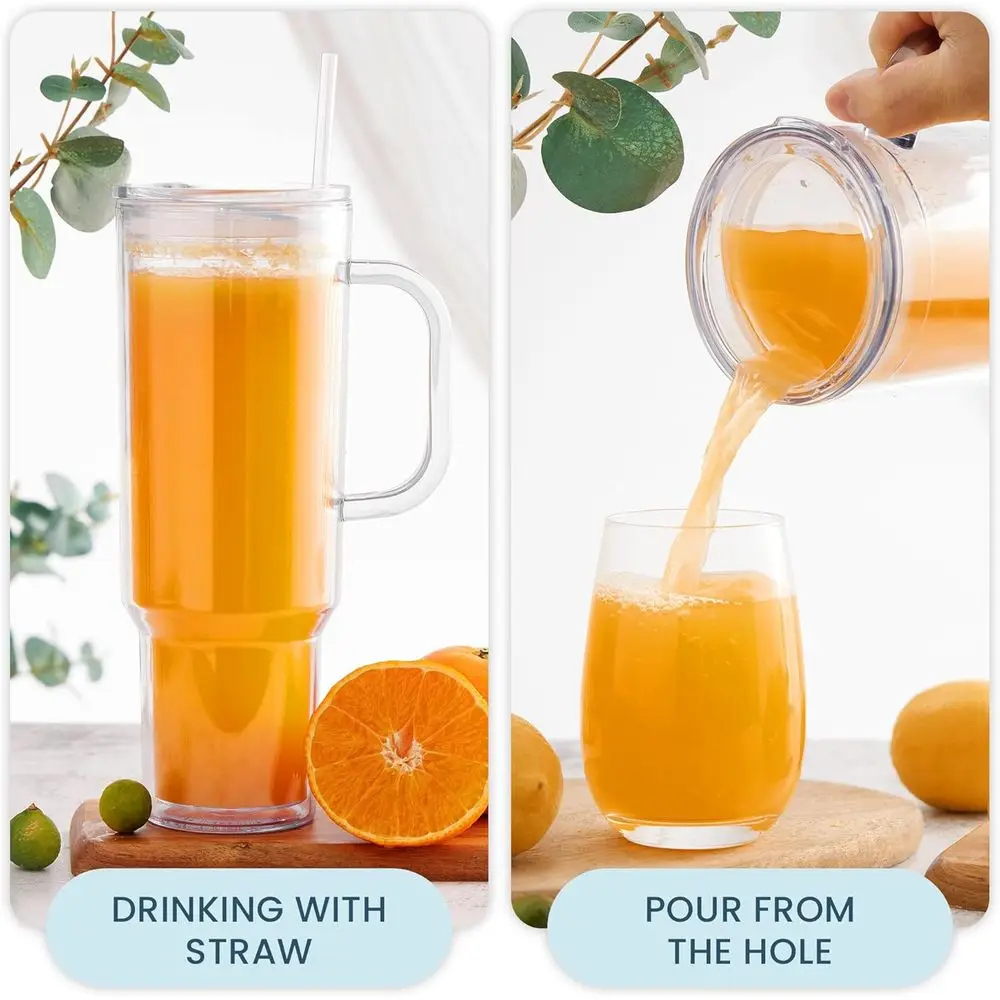 Vaso de plástico transparente de doble pared con asa, tapa de paja y juego de tazas de viaje reutilizables (paquete de 4)