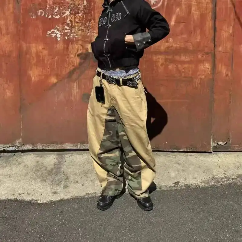 American Style Khaki Patchwork Cargo Jeans Men's Loose Wide-Leg Straight Street Style Long Pants 2026 Spring New 2R8L8