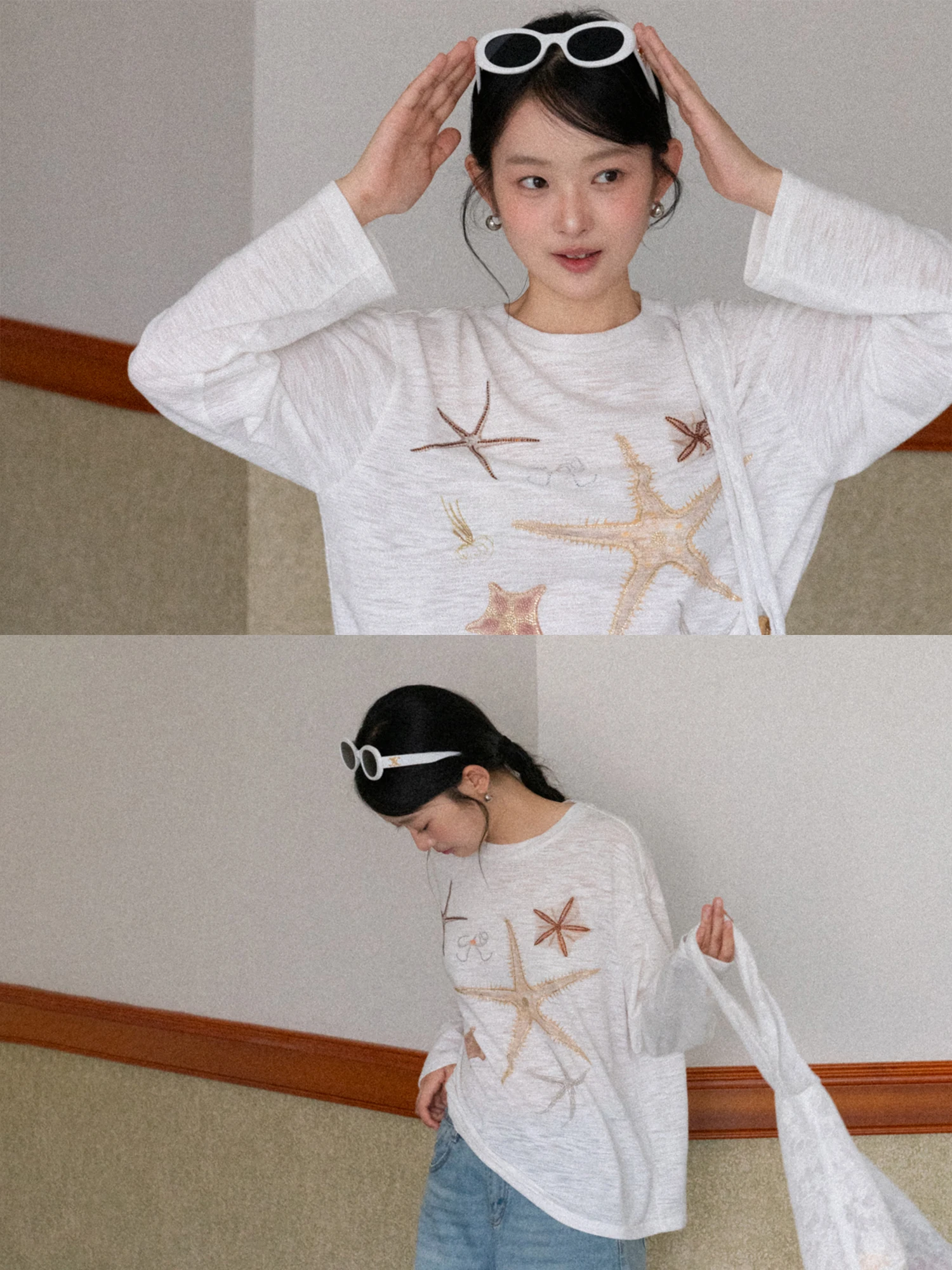EGGKA Star Embellished Loose Casual T-shirt Sun Protection Versatile Cloud Shirt Top for Spring Summer Comfortable Breathable...
