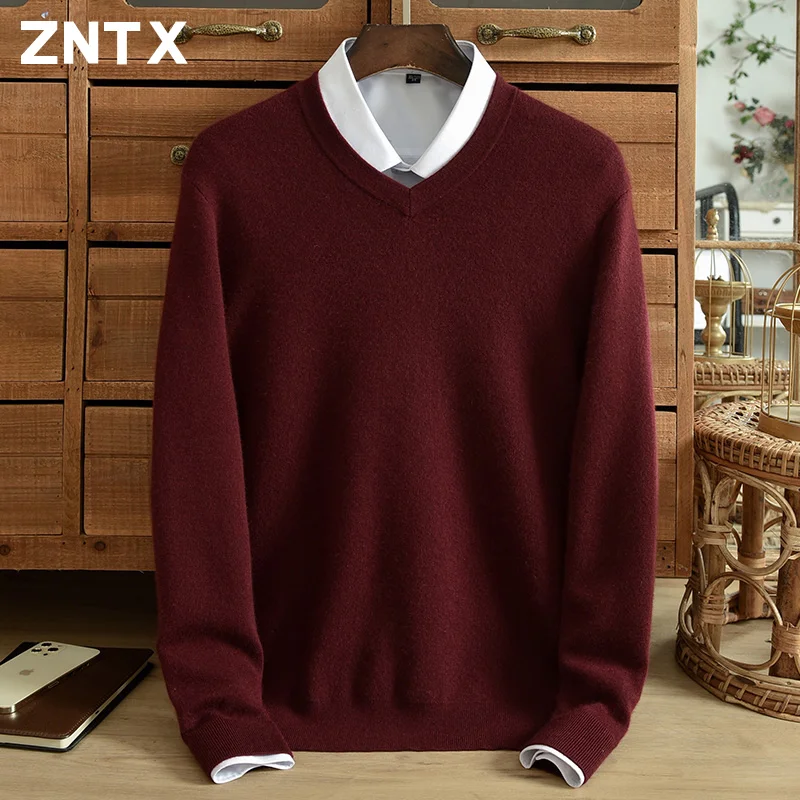 ZNTX New winter thickened 100% pure cashmere sweater men\'s worsted V-neck business casual solid color knit sweater for warmth