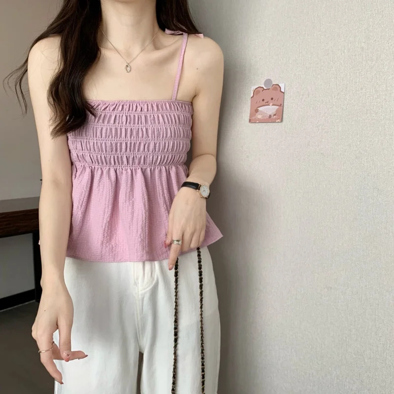 Korean Version of Fashionable and Sweet Seaside Suspender with a Thin Solid Color Top for Women