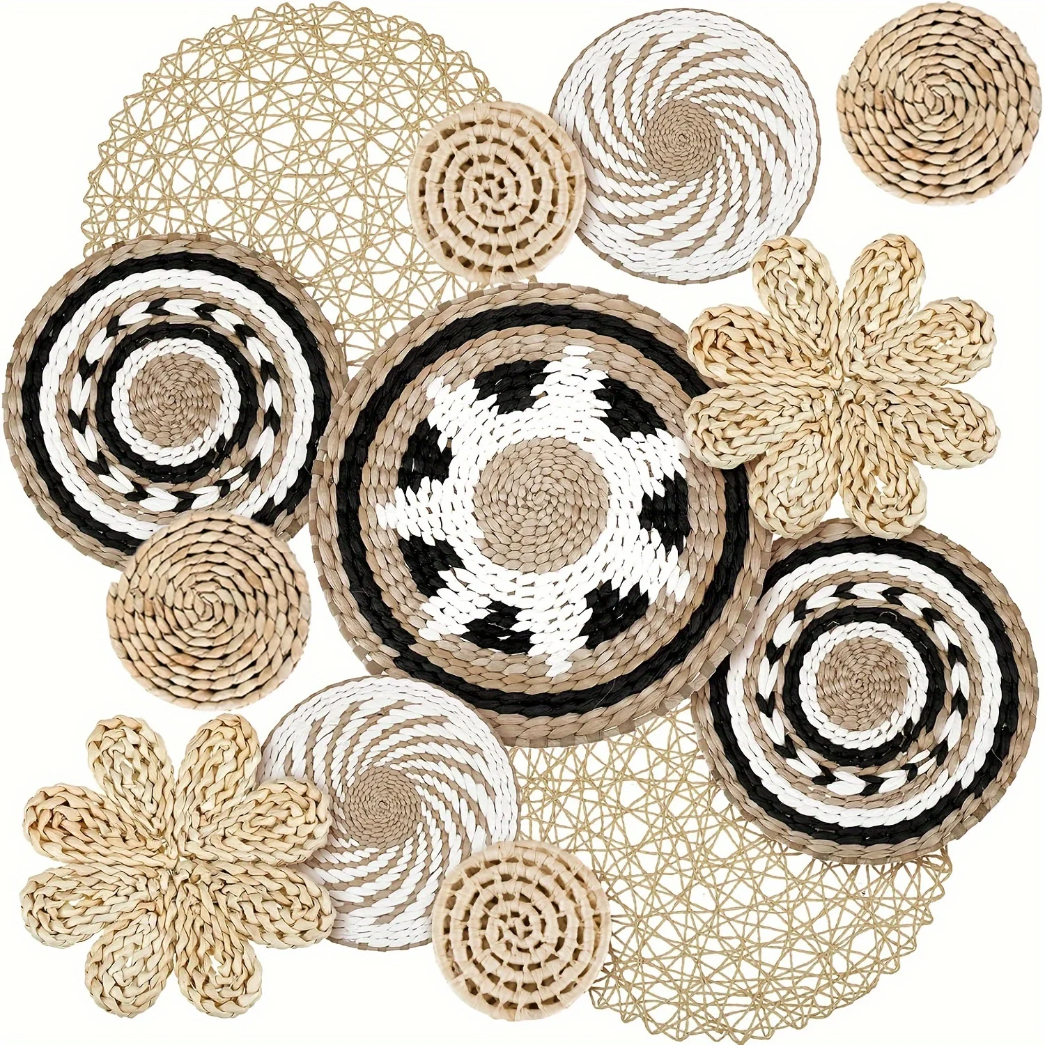 Cesta de pared colgante de 10 tipos, cesta de pared bohemia rústica decorativa hecha a mano, decoración hecha a mano, cesta redonda de algas marinas de mimbre, arte de pared