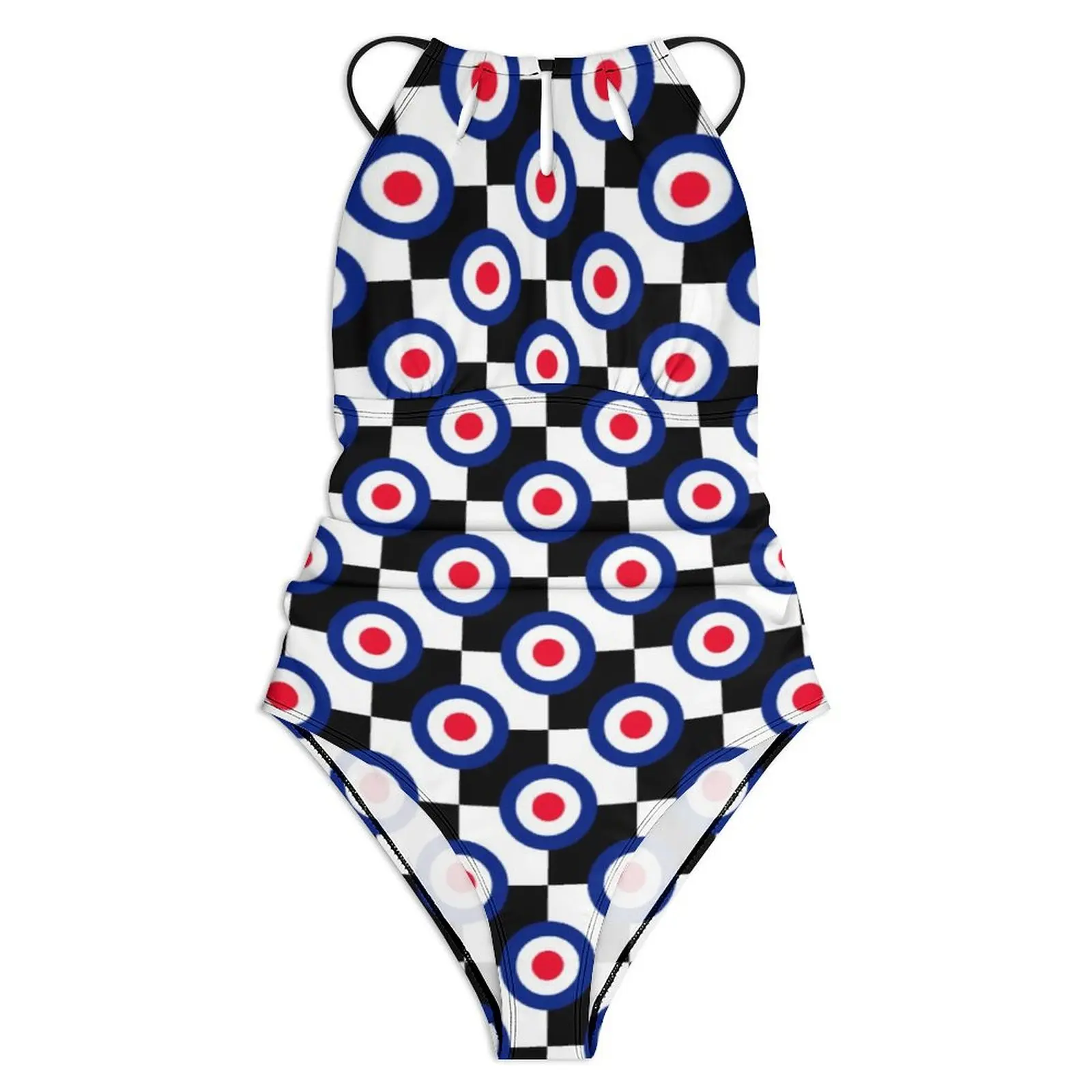 Retro Mod Print Swimsuit Roundels Checkers Swimwear Vacation Bath Bodysuit Hollow Out Monokini Female Push Up Sexy Beach Outfits