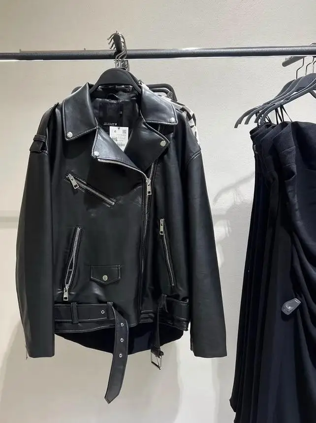 Faionable Bla cuero Jaet mujer suelta motocicleta Sle prendas de vestir exteriores Otoño Invierno nueva llegada Material PU largo Sve