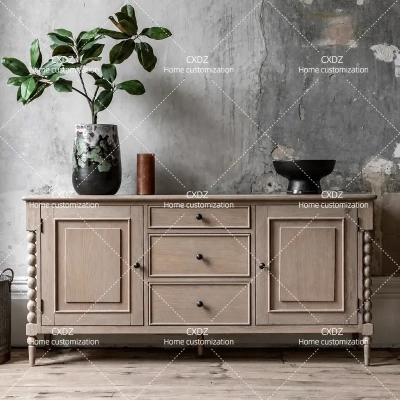 French retro solid wood dining side cabinet, American country old porch cabinet, wave column, living room chest cabinet,