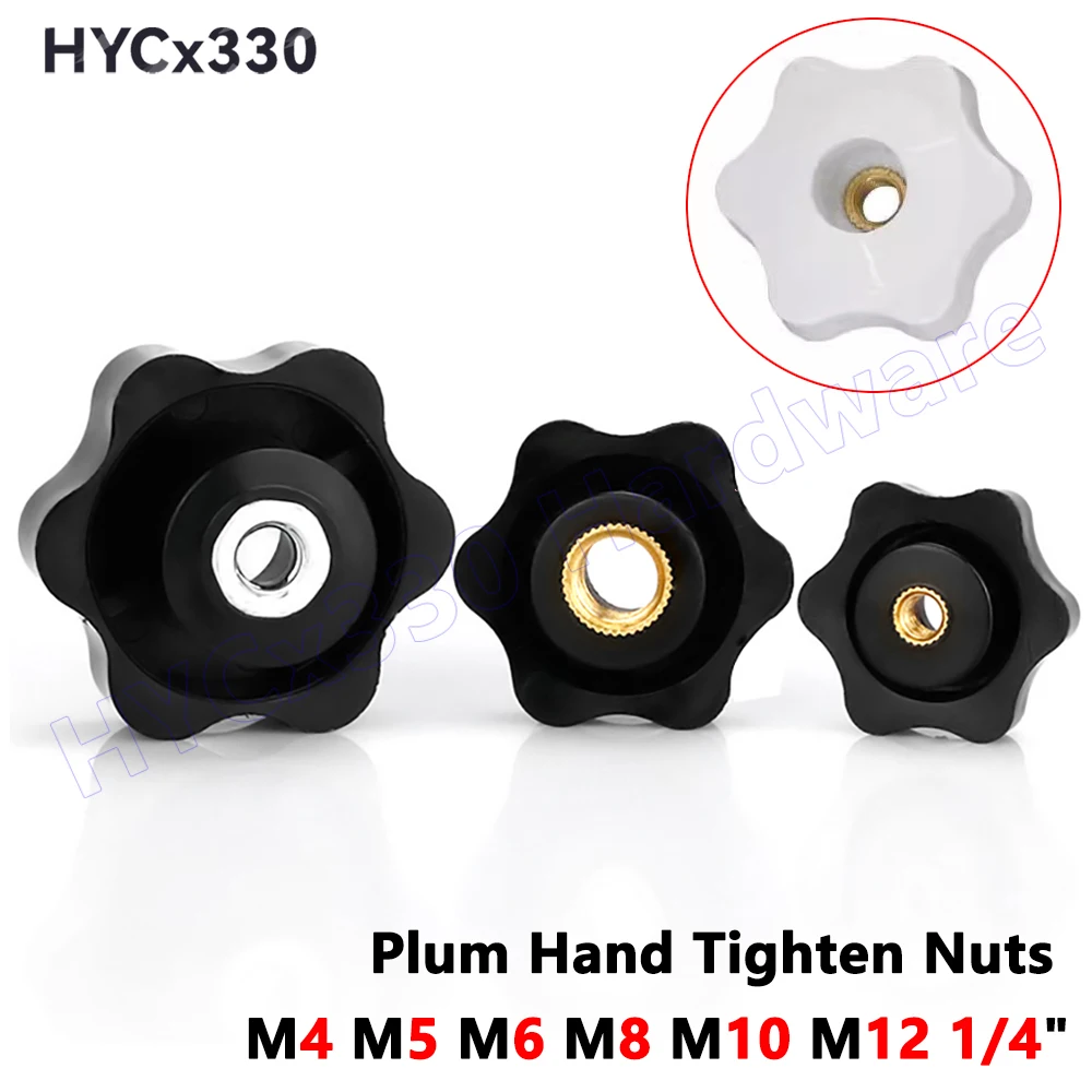 Plum Hand Tighten Nuts 6 Star Through Hole Clamping Knob Black/White Plastic Thumb Nuts Screw-On Handle M4 M5 M6 M8 M10 M12 1/4