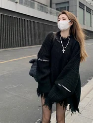 QWEEK Gothic Harajuku Black Sweaters Pullover Oversize Women Mall Goth Tops Streetwear Korean Fashion 2022 Autumn Knitwear