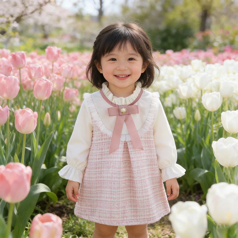 6M-3Y Long Sleeved Baby Girl Dress Spring And Autumn Bowknot Lace Princess Dress Vintage Plaid Children's Sweet Birthday Dress