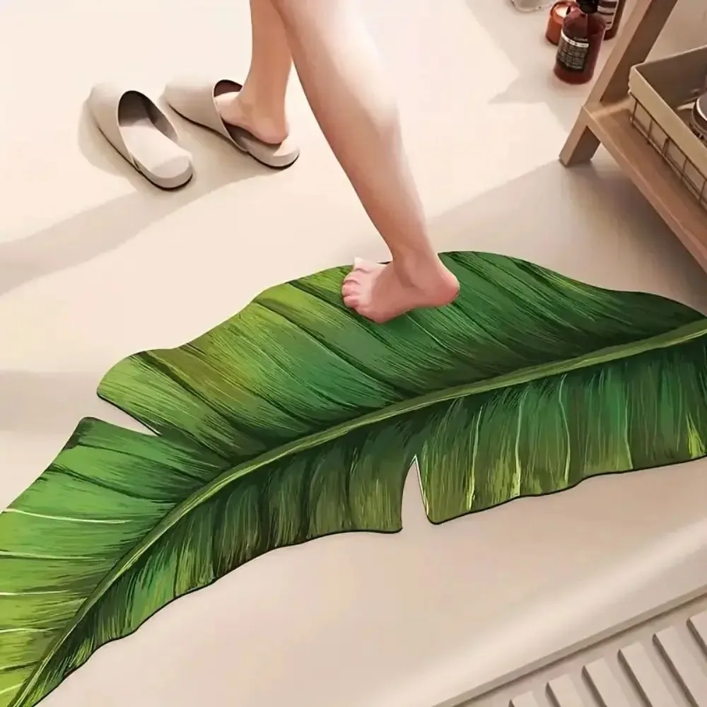 VIKAMA Bathroom Carpet, Anti-Slip, Quick-Drying, Water-Absorbing Green Leaf Shower Blanket, Simple And Fresh Home Decoration view 4