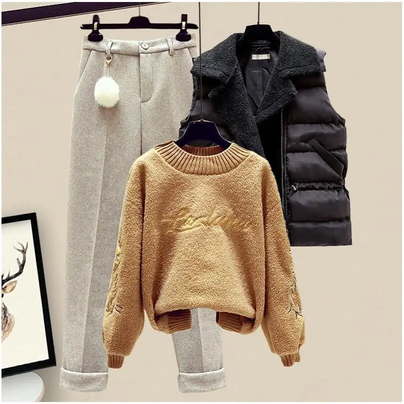 Thickened Cotton Jacket Vest Knitted Long Sleeved Sweater Pullover Woolen Pants Three Piece Elegant Women\'s Pants Set