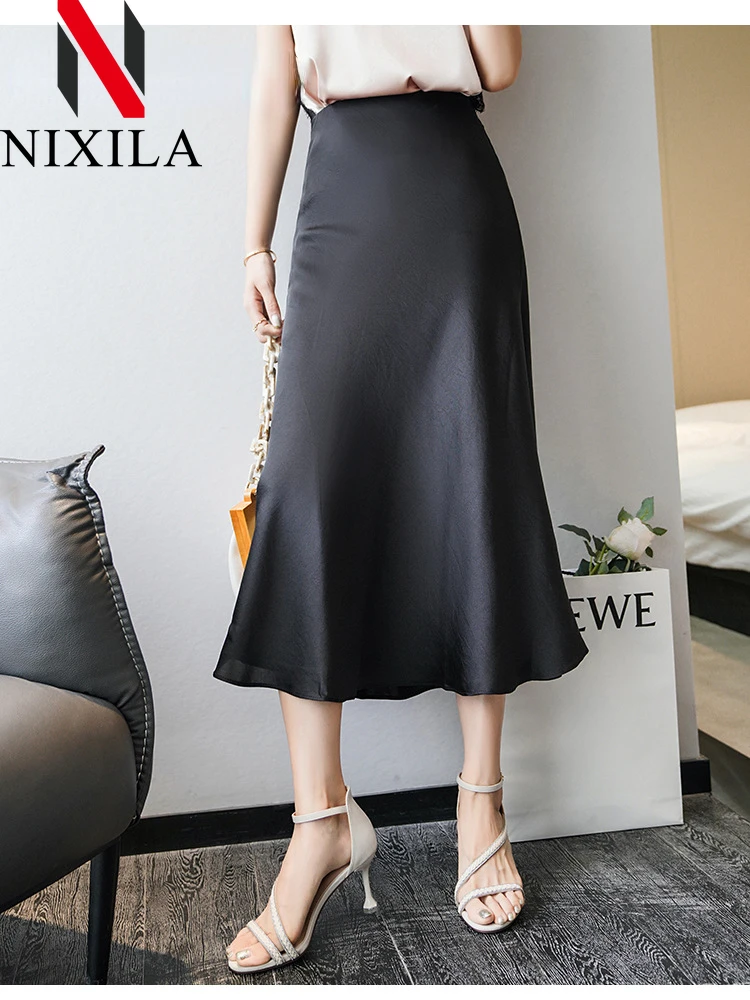 Summer Satin Skirt Women's Long Skirt Silk High Waisted Slim Fashion Korean Solid Champagne Black Midi Skirts for Women Clothing